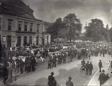 41474 Gezicht op de koeienmarkt op het Vredenburg te Utrecht; links een deel van de voorgevel van de stadsschouwburg ...